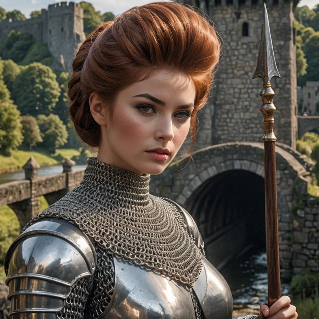 24 year old female dressed in chainmail armour, sleek auburn 1960’s bouffant hairstyle, guarding a bridge, spear in righ...