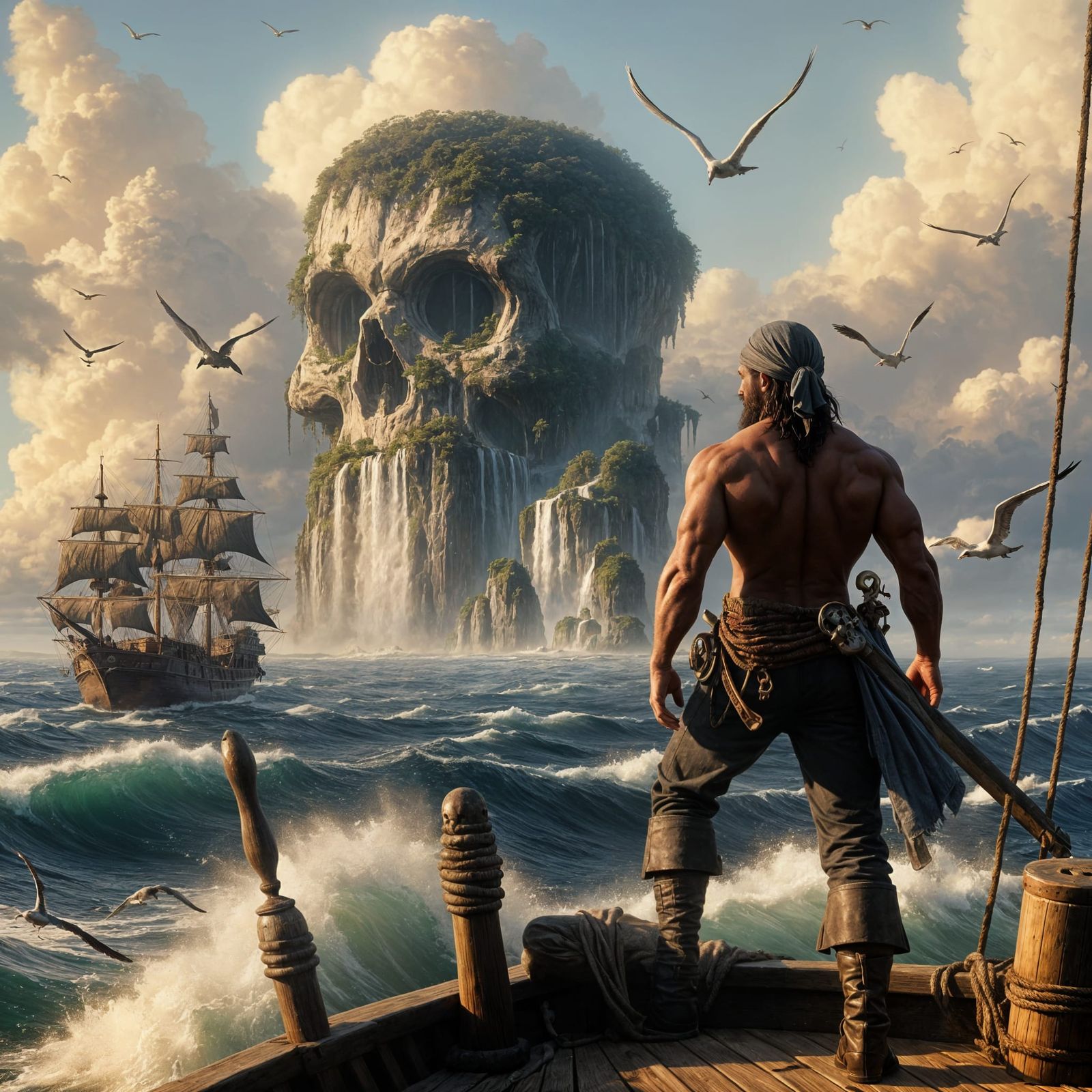 Pirate Approaches the Island of Skulls in Renaissance Oil Pa...