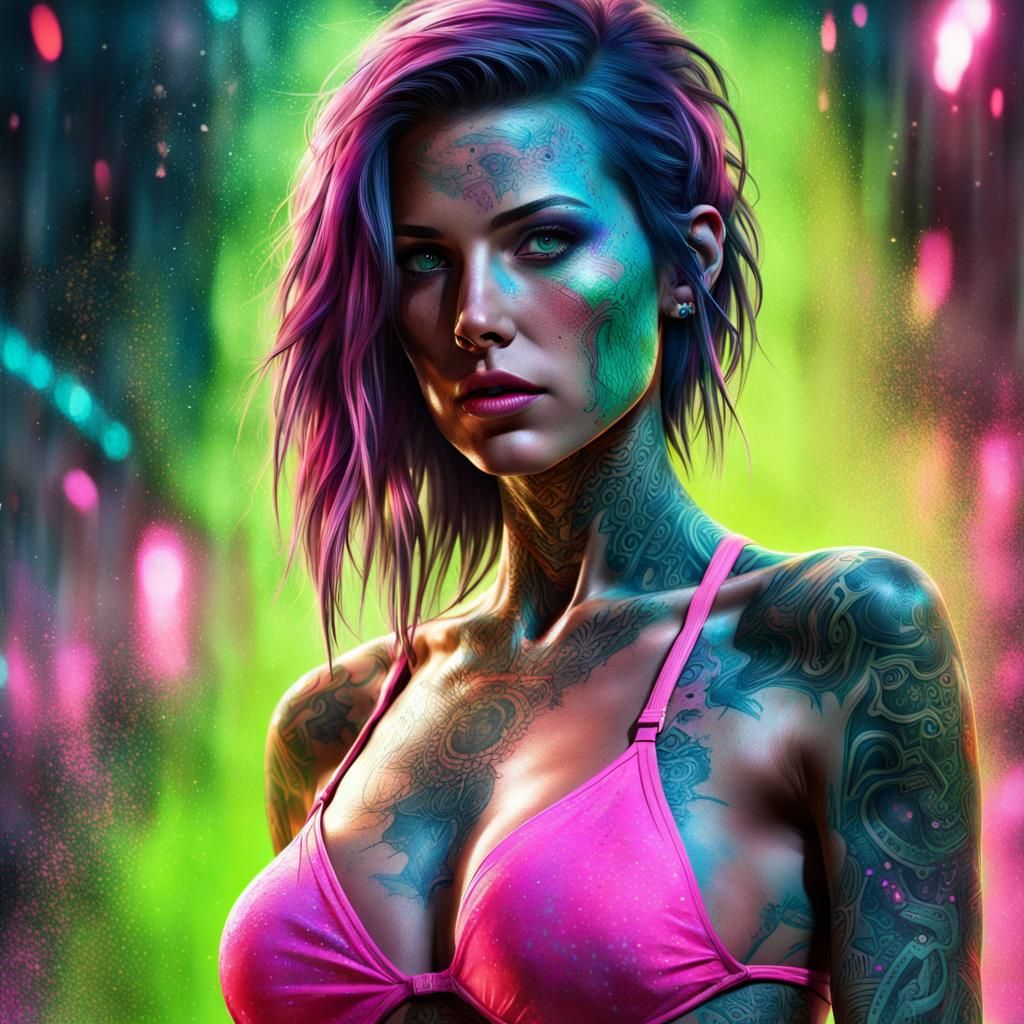 Post-Apocalyptic Tattooed Woman in Neon Street Art Style