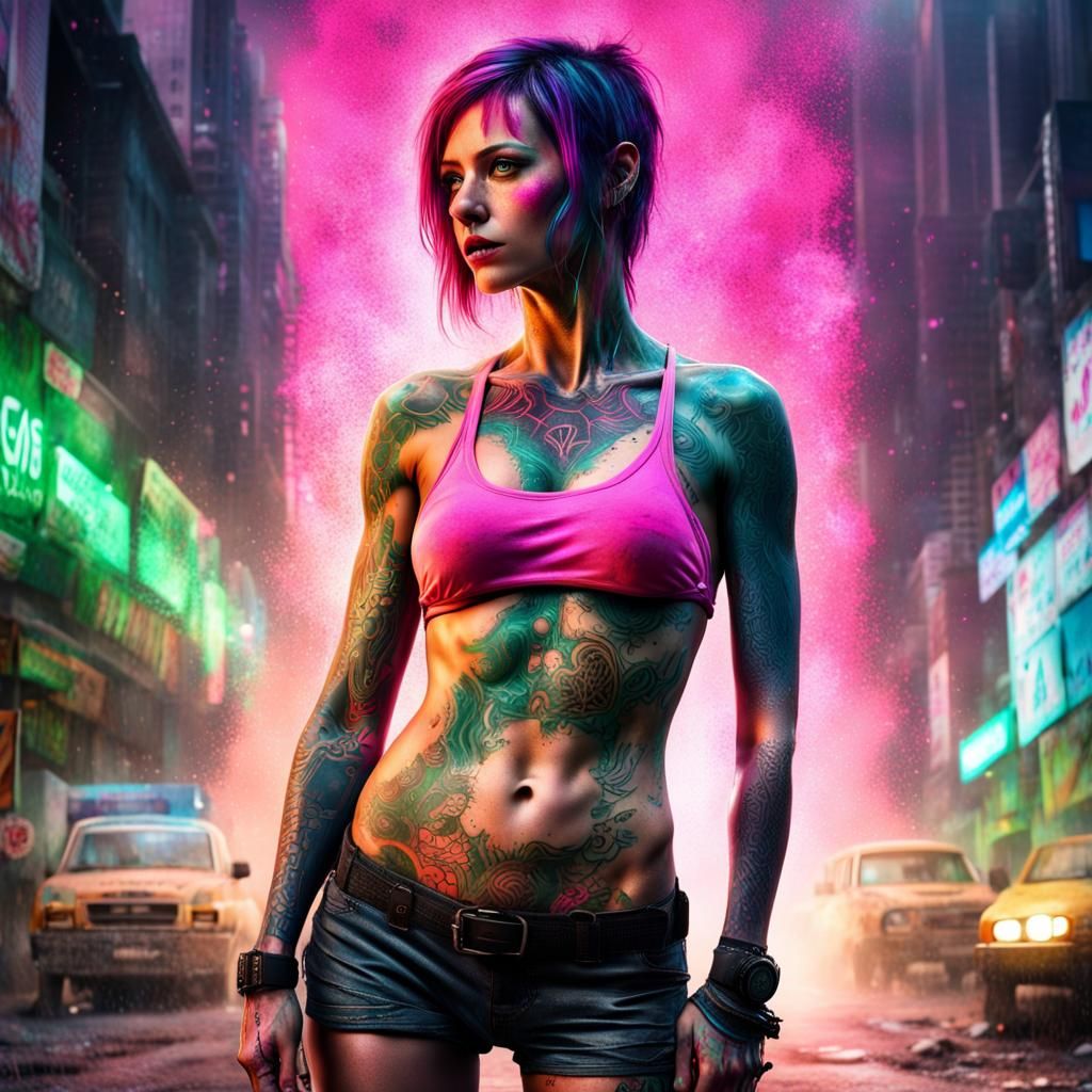 Post-Apocalyptic Tattooed Woman in Cyberpunk Style