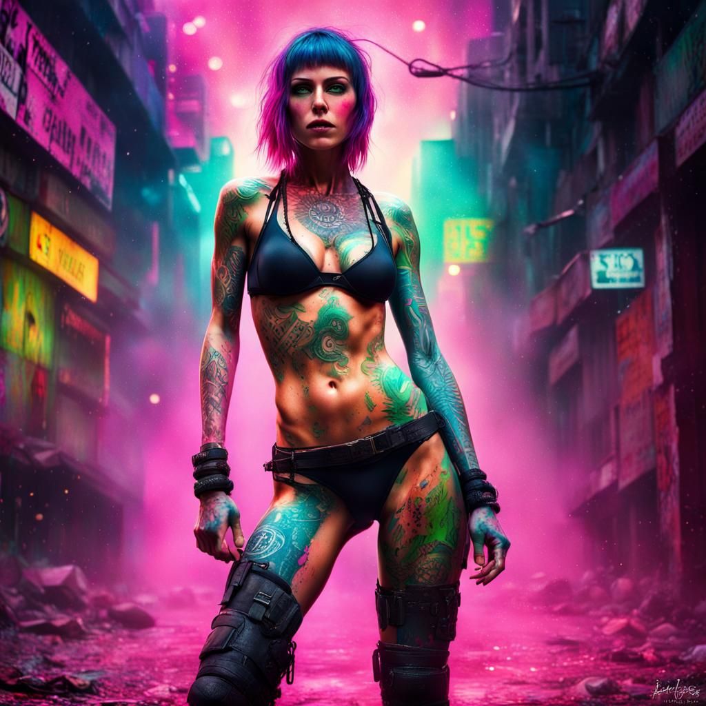 Post-Apocalyptic Tattooed Woman in Street Art Style