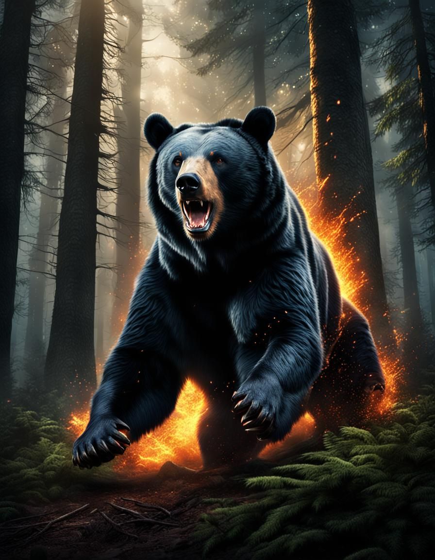 Fierce Black Bear Attack in Dark Forest