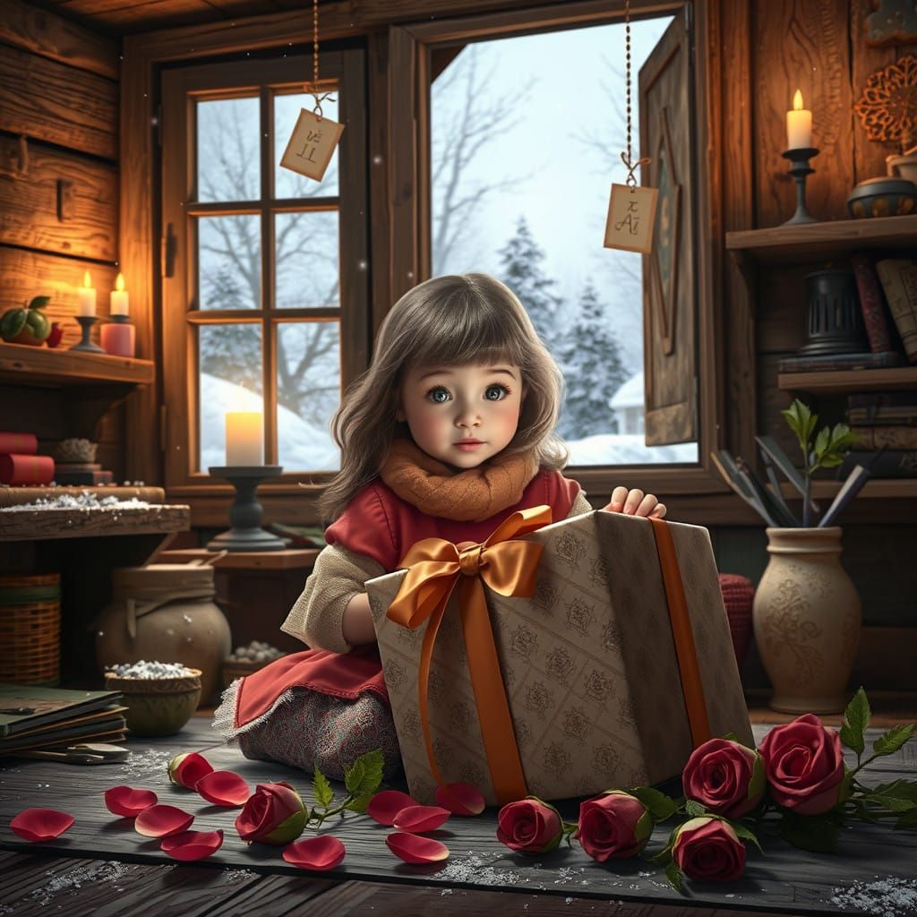 Cozy Winter Room with Girl Opening Gift