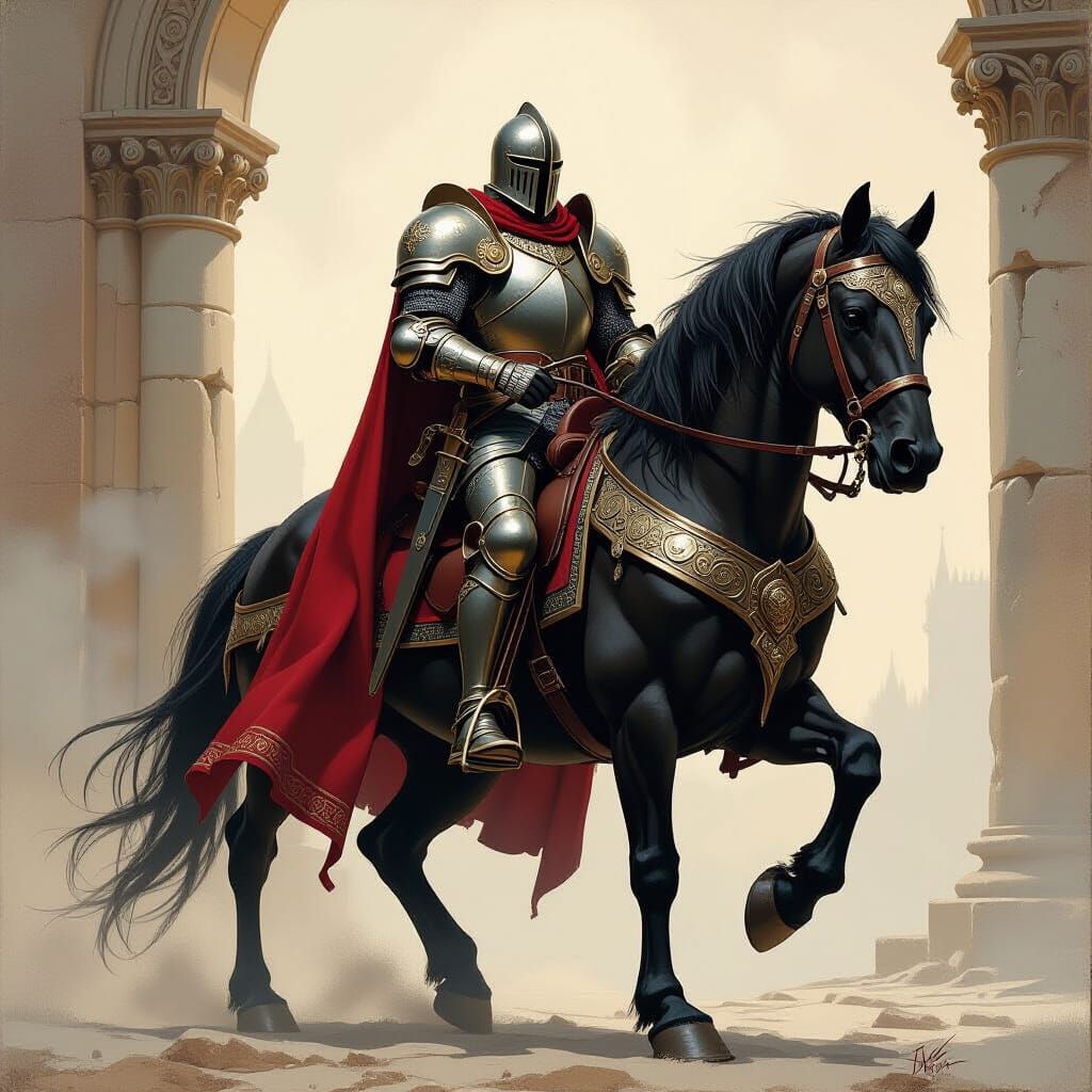 Valiant Knight on Armored Warhorse in Fantasy Style