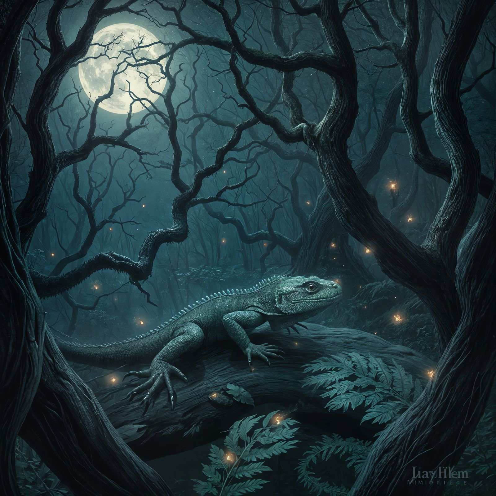 Lizard in Firefly Lit Fantasy Landscape