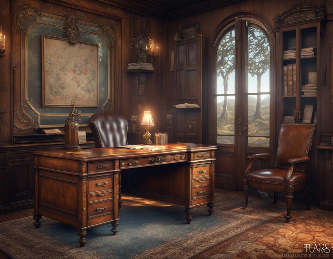 Antique Wooden Desk with Leather Chair, Matte Painting
