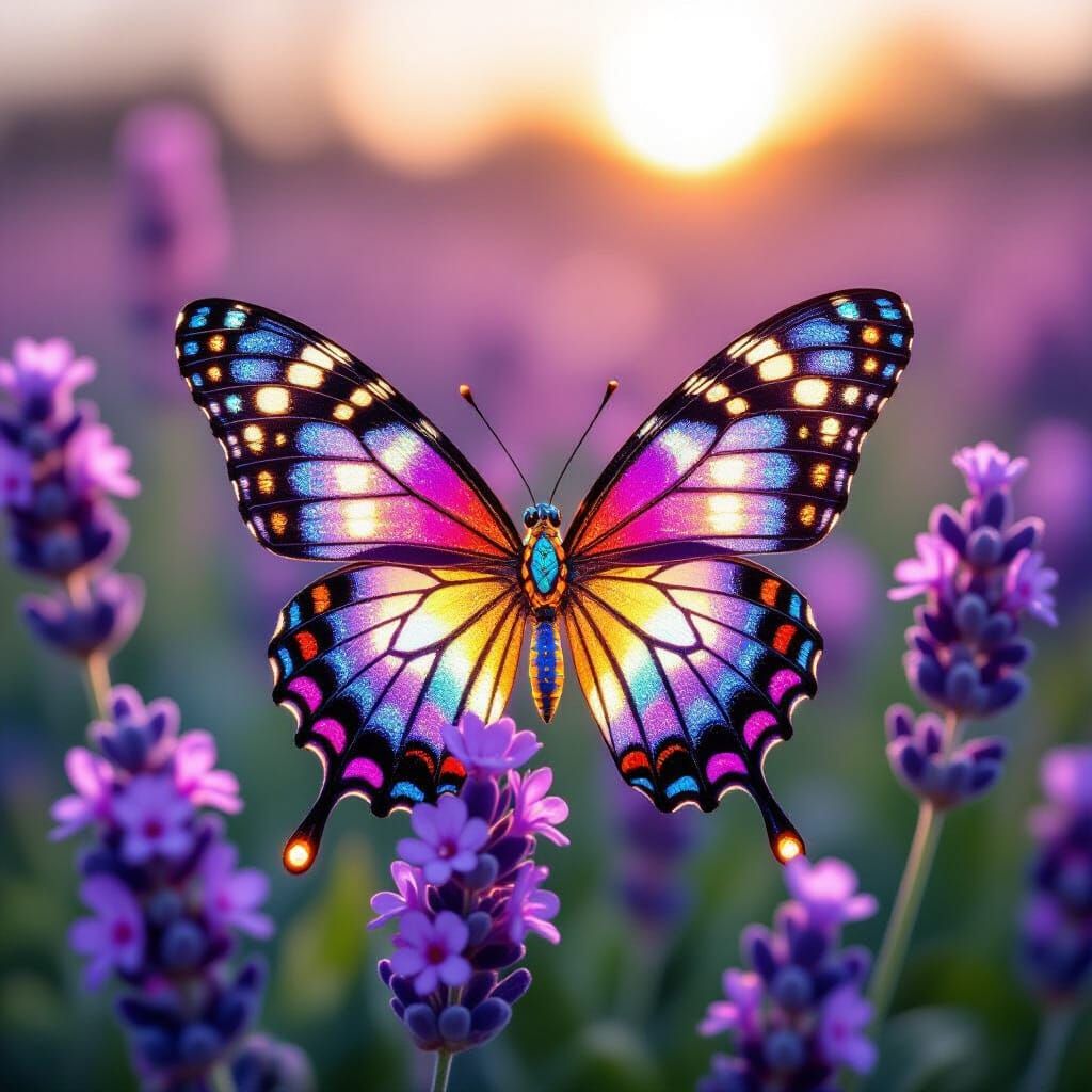 Gem-Encrusted Butterfly on Lavender Flowers