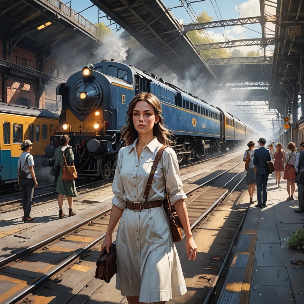 Girl Meets Train: Detailed Matte Oil Painting