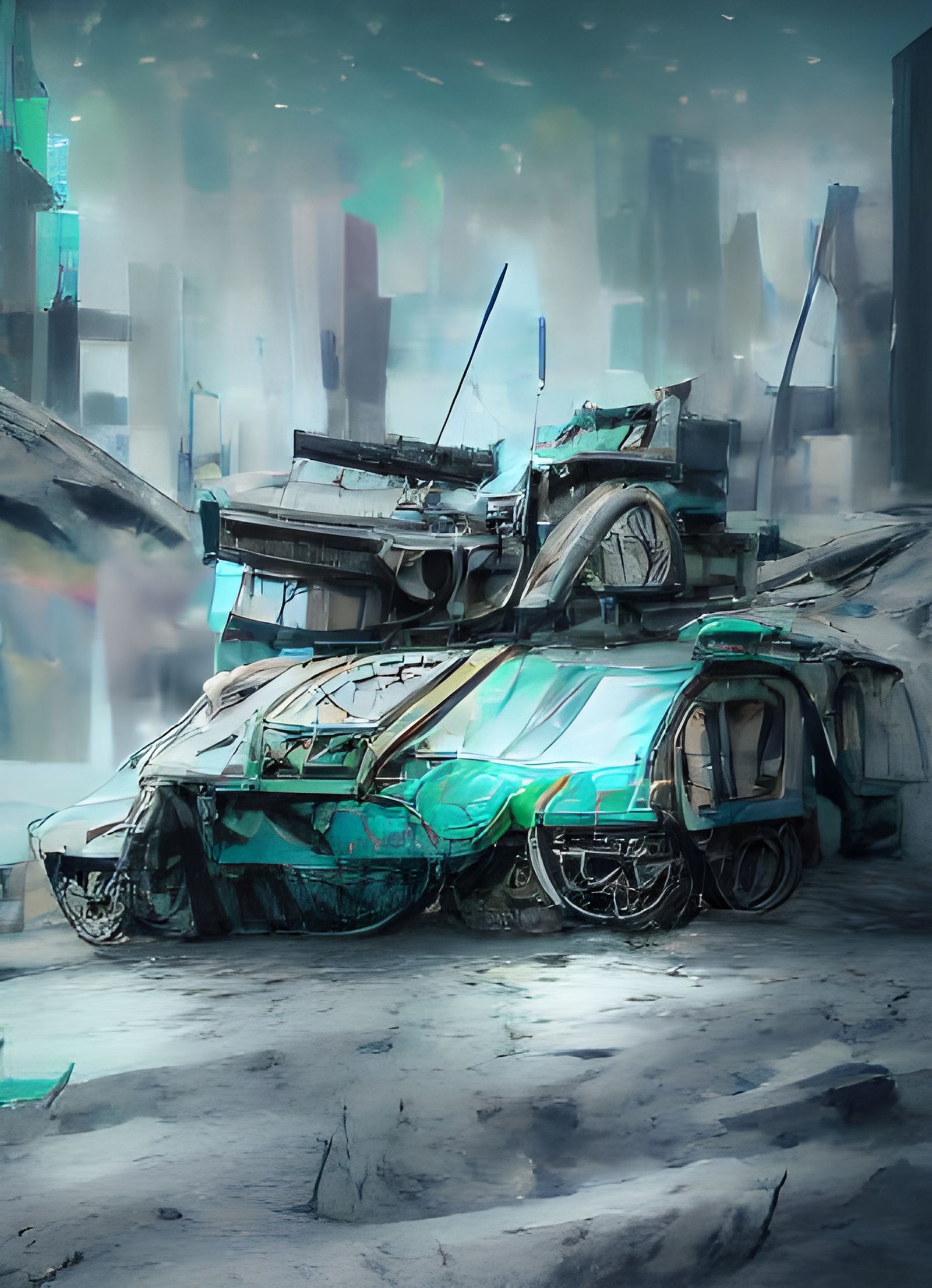 Post-Apocalyptic Battle Tank Ruins in Ink Drawing