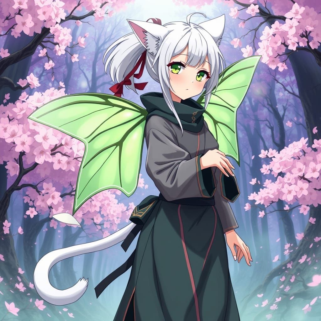 Anime Ninja Girl Among Cherry Blossoms with Luna Moth Wings
