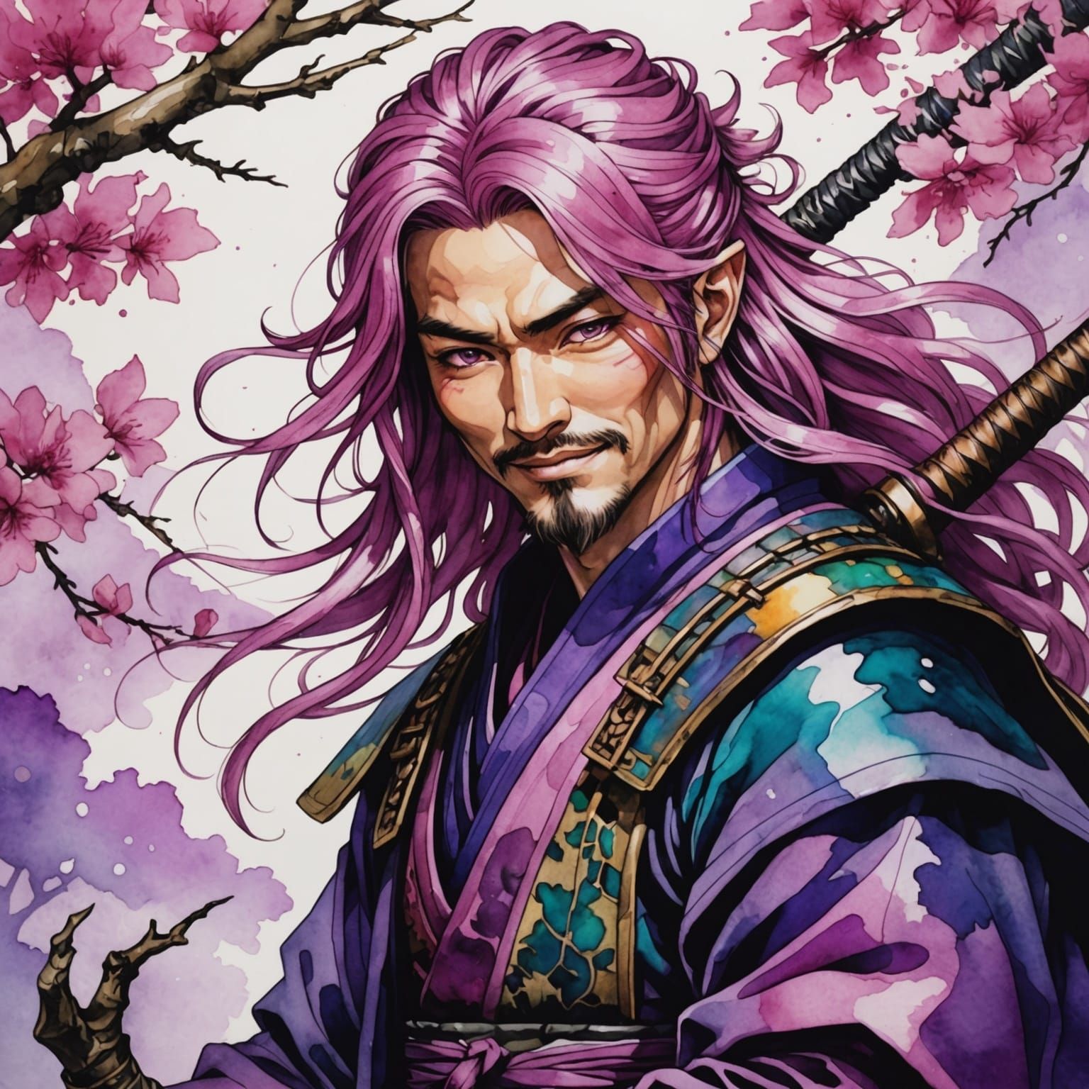 Smiling Pink-Haired Samurai in Alcohol Ink Style