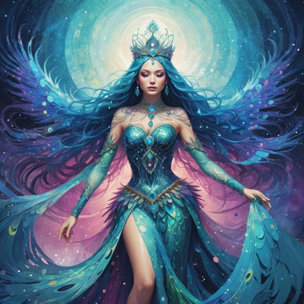 Princess with Peacock Aura in Surrealist Style