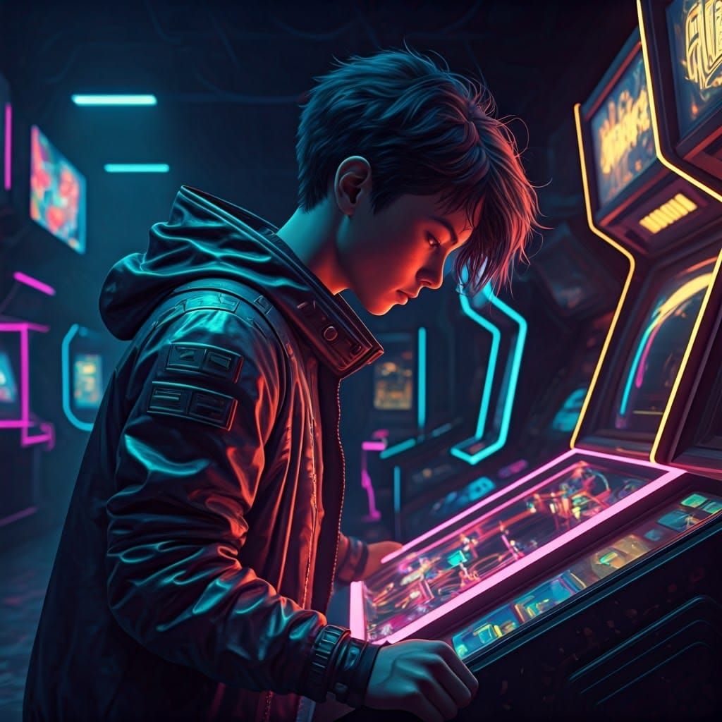 Cyberpunk Teenager Plays Virtual Pinball in Neon Arcade