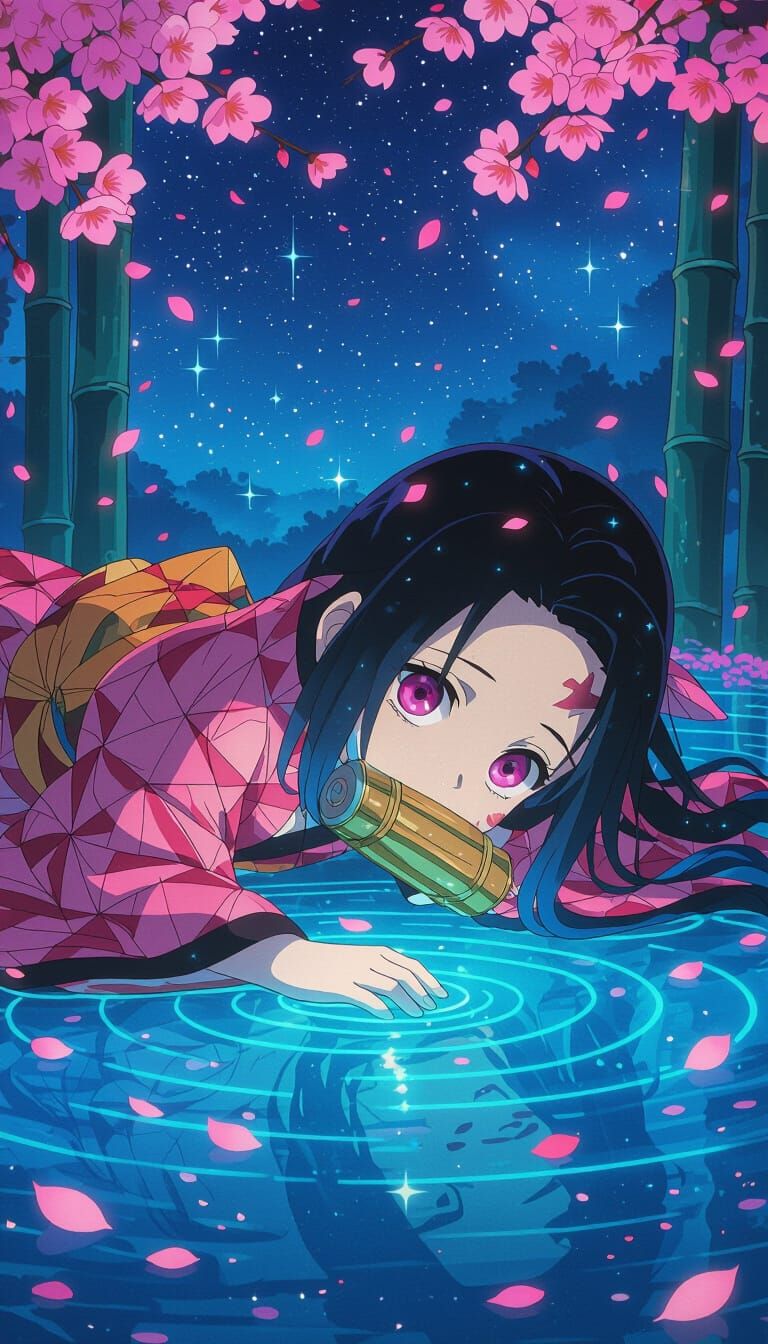Nezuko on Magical Water Under Starry Sky
