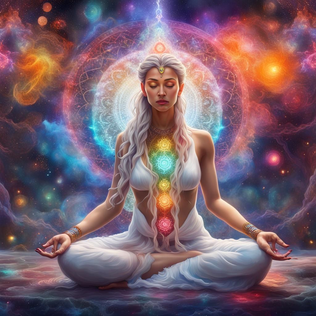 Goddess Meditating in Galaxy, Detailed Digital Art