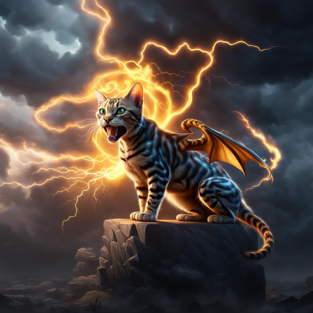 Bengal Cat Dragon Emerges from Lightning