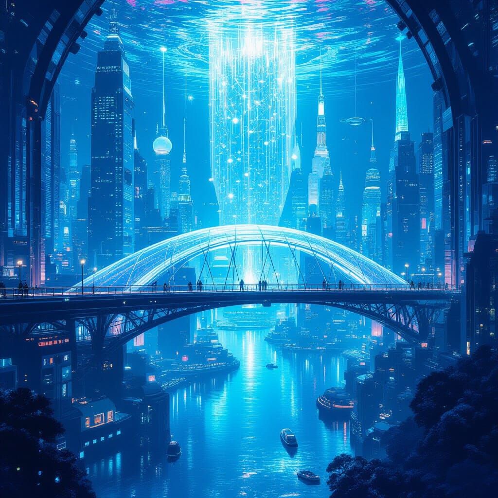 Underwater Glass Metropolis Connected by Glowing Bridge