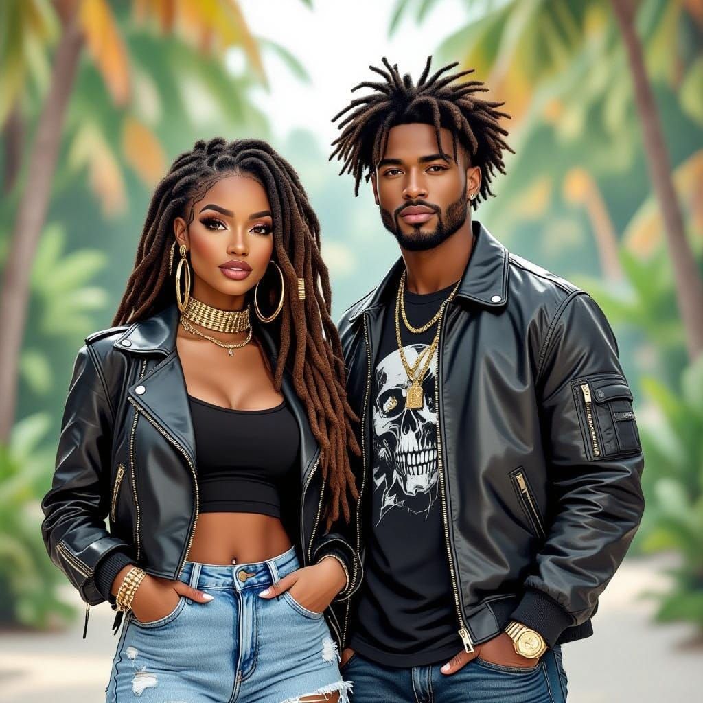 Stylish Black Couple in Tropical Setting, Pencil Sketch