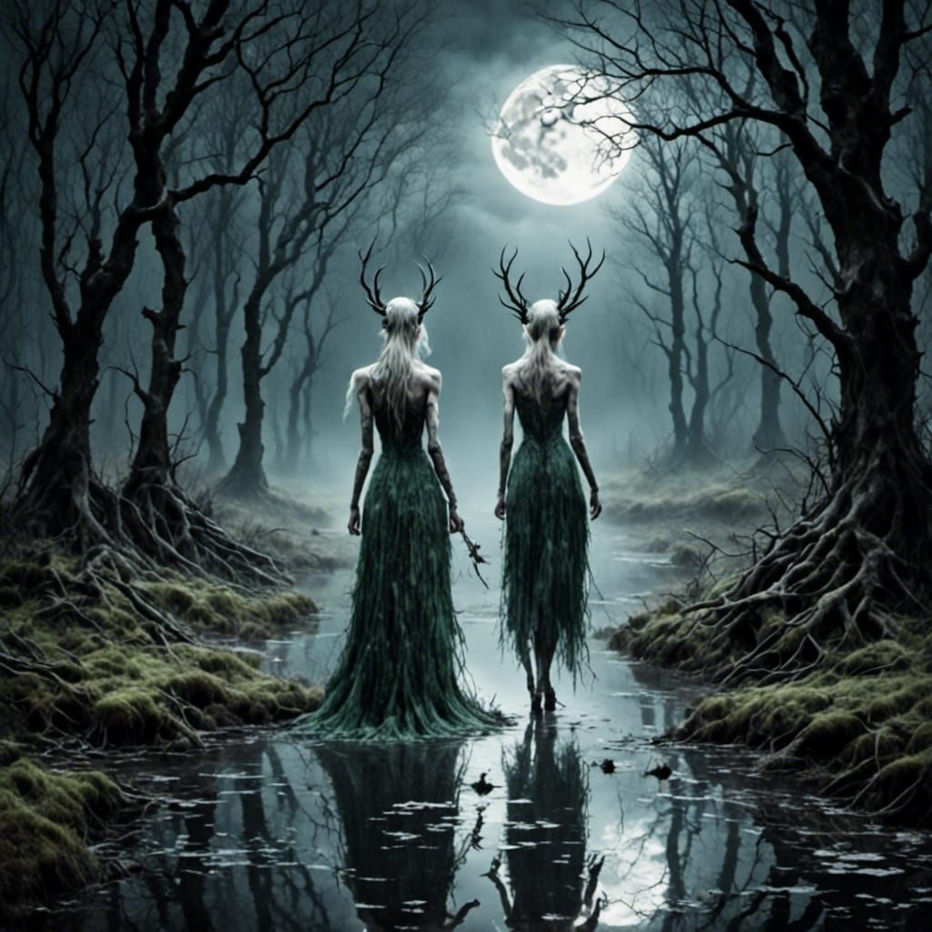 Eerie Forest Under Moon in Antique Watercolor Style