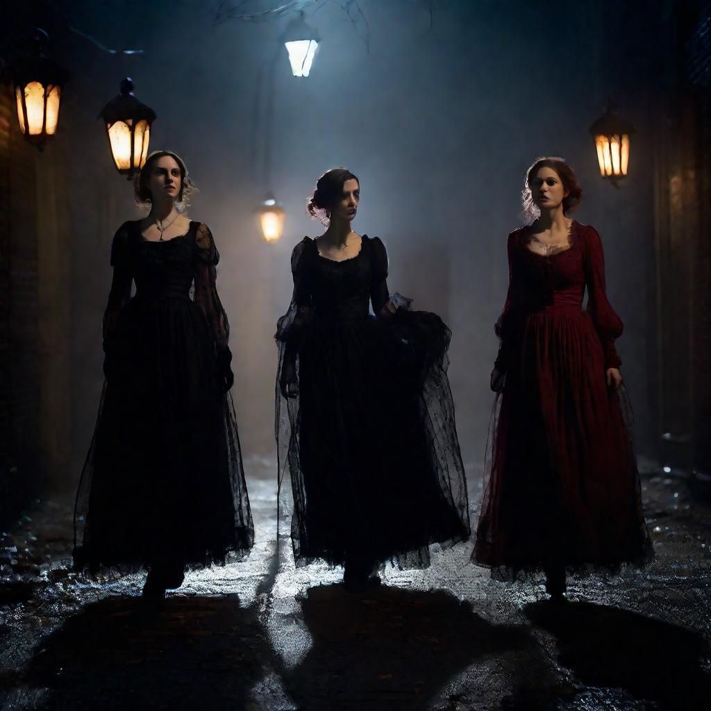Eerie Women in Misty Alleyway: Gothic Horror