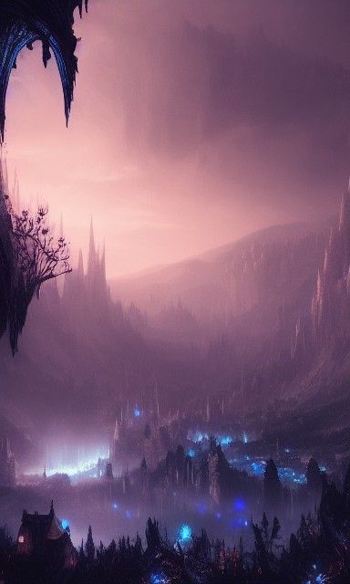 Blue-Lit Houses in Dark Valley: Digital Matte Painting