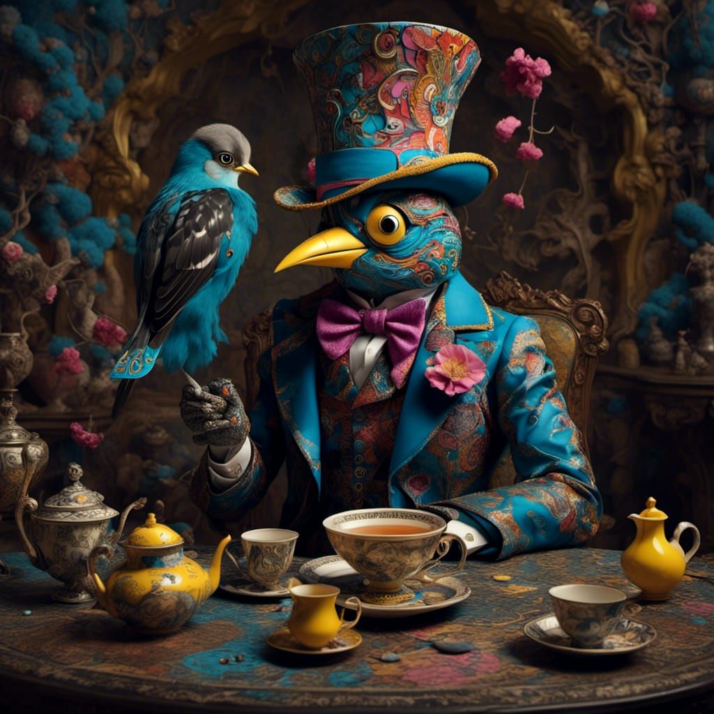 Anthro Bird Drinking Tea in Surreal Pop Style
