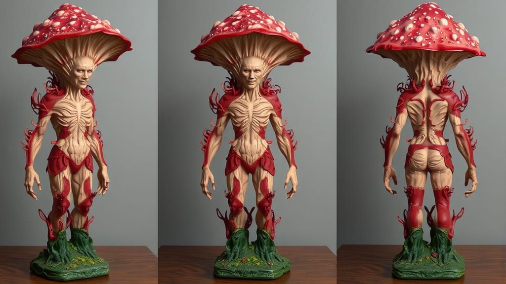 Androgynous Mushroom Figure in Digital Biomechanical Style