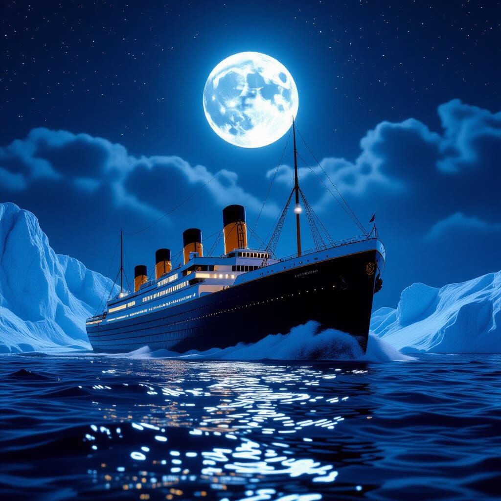 Titanic Strikes Massive Iceberg Under Full Moon