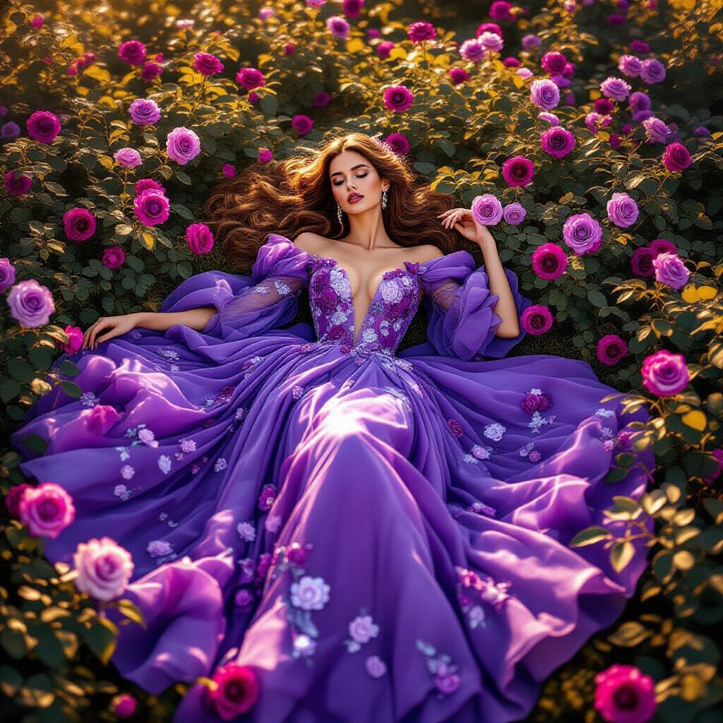 Fashion Model in Violet Rose Garden, Romantic Style