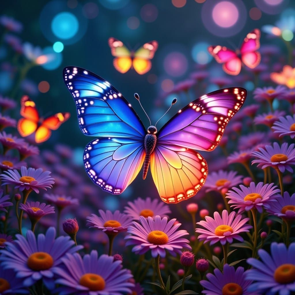 Luminous Fantasy Garden at Twilight with Glowing Butterflies
