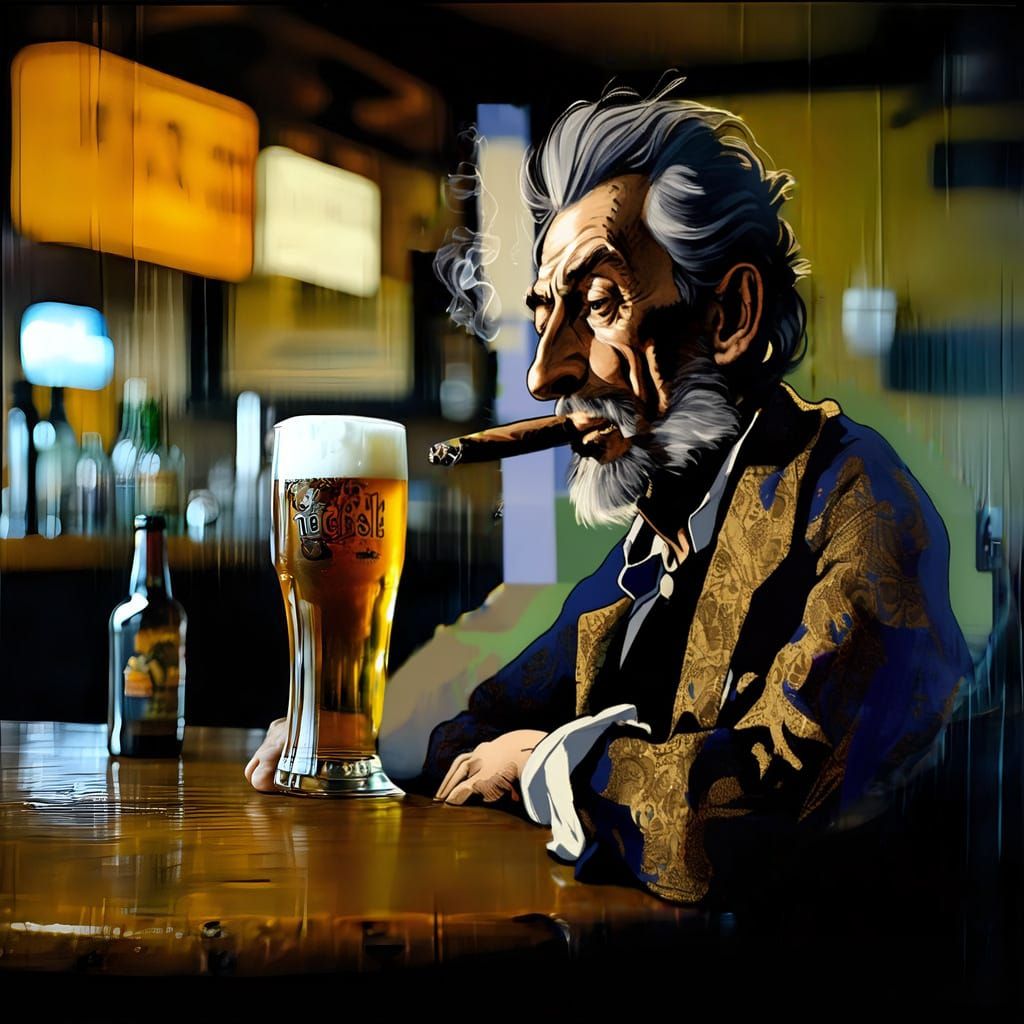 portrait of a gnarly man, smoking cigar, sitting on a table ...