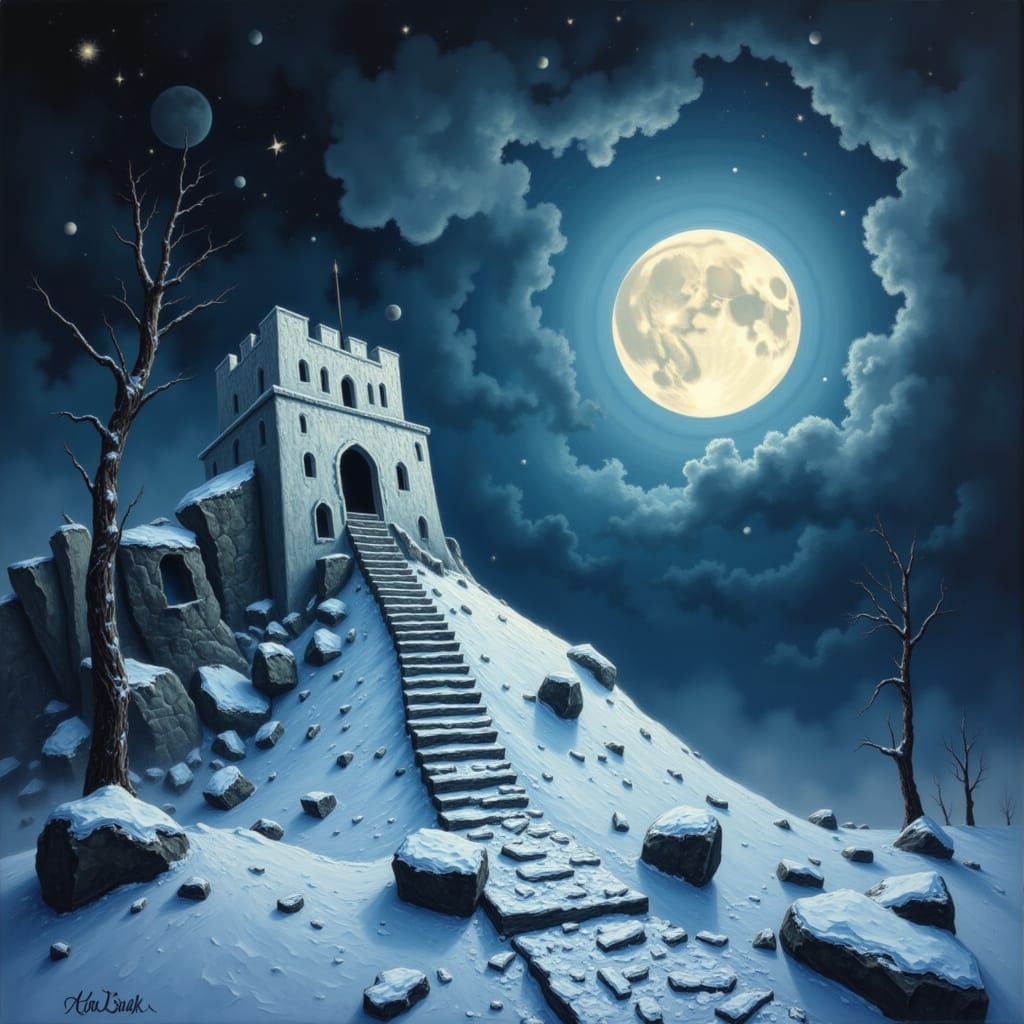 Dreamy White Castle in the Clouds at Night