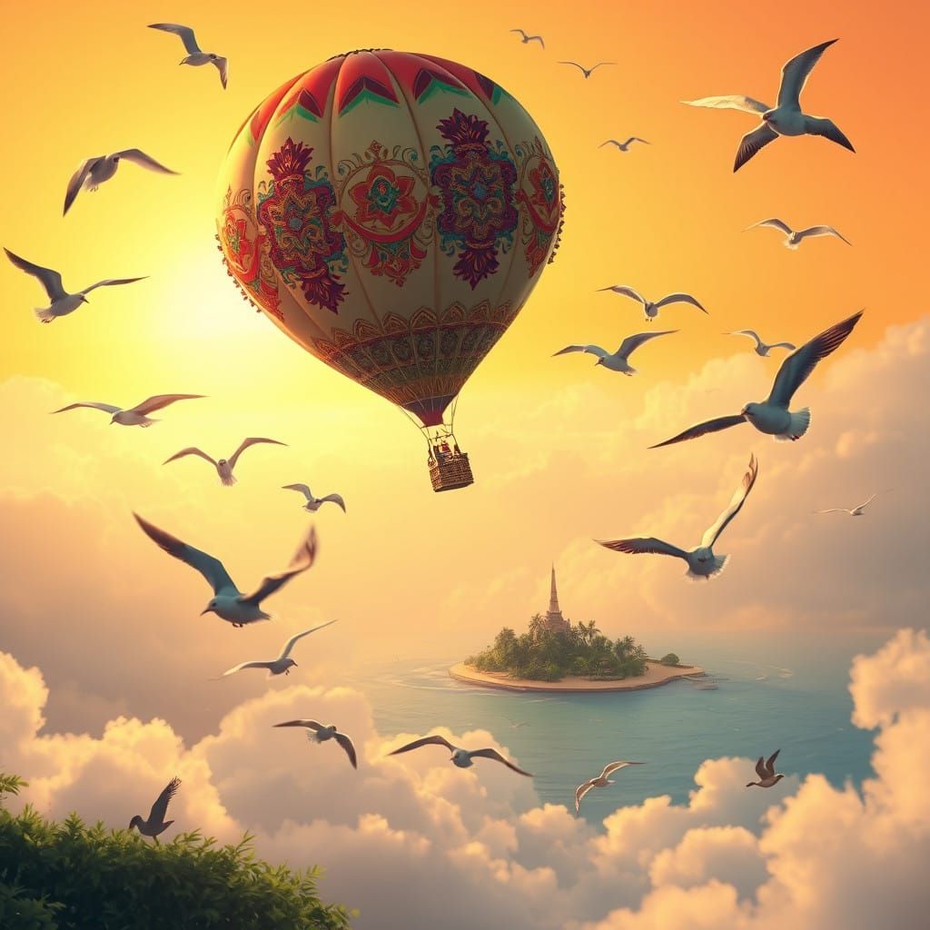 Whimsical Hot Air Balloon Soars Through Sunset Skies with Tr...