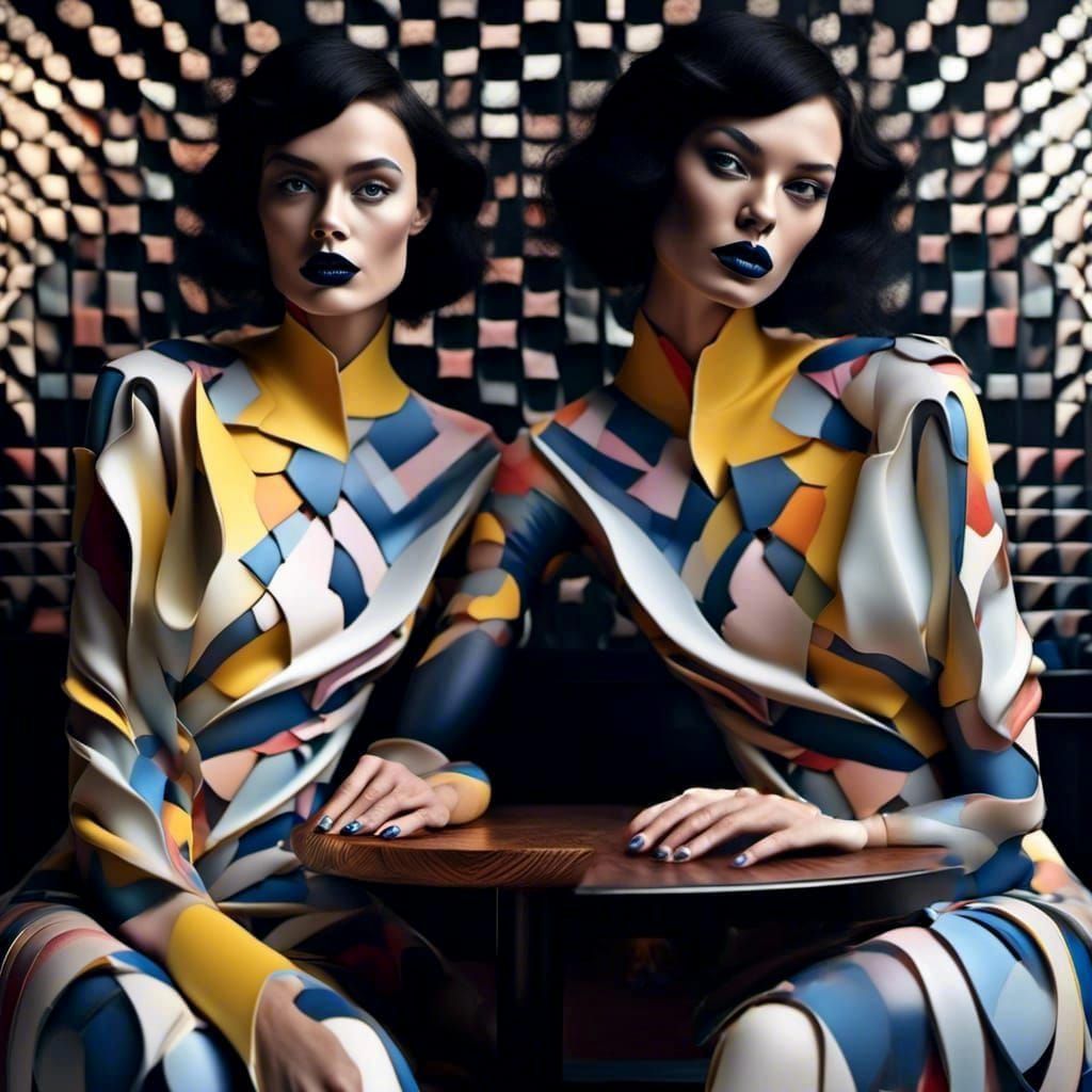 Abstract Alien at Table in Polychromatic Style