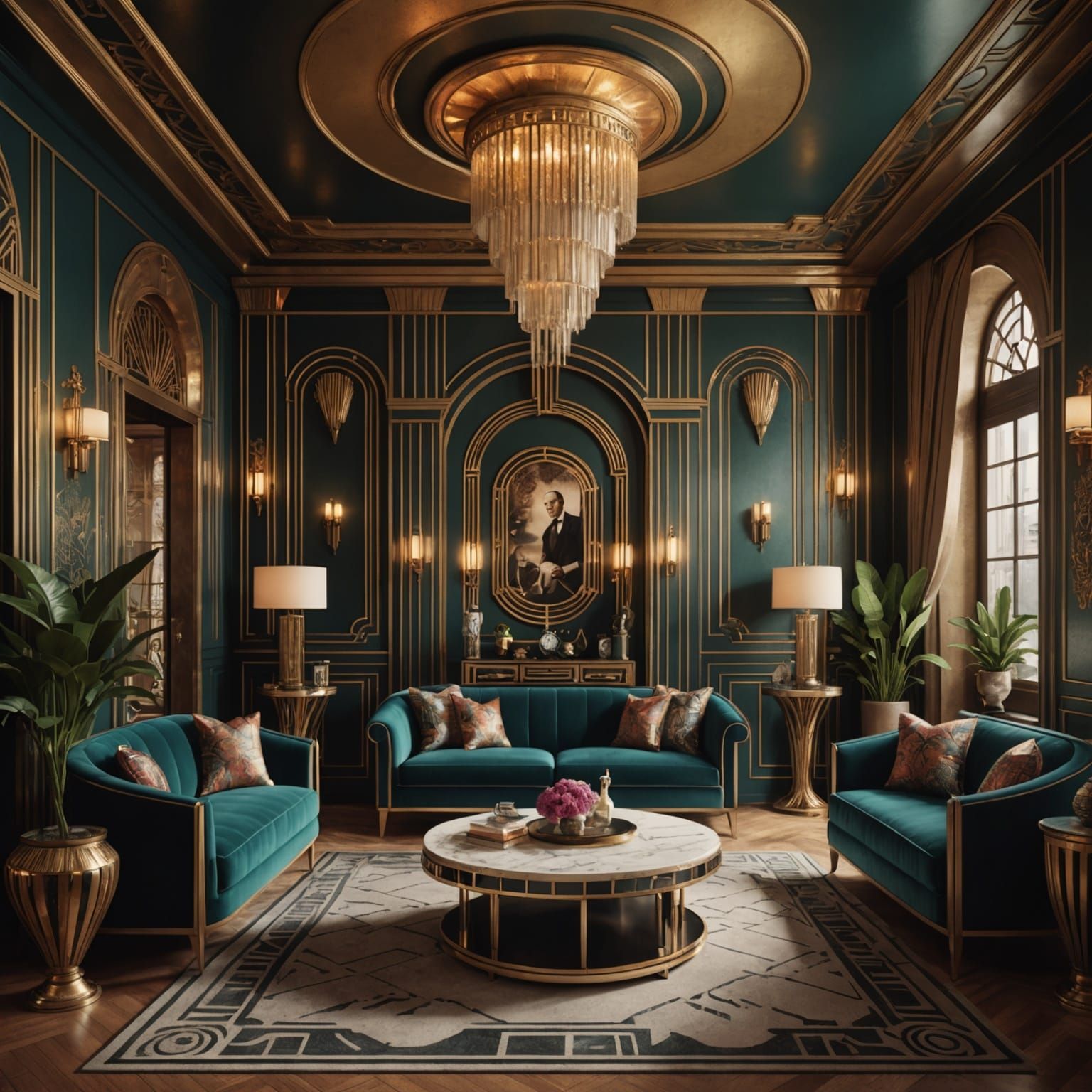 Art Deco Living Room Interior: Maximalist Digital Painting