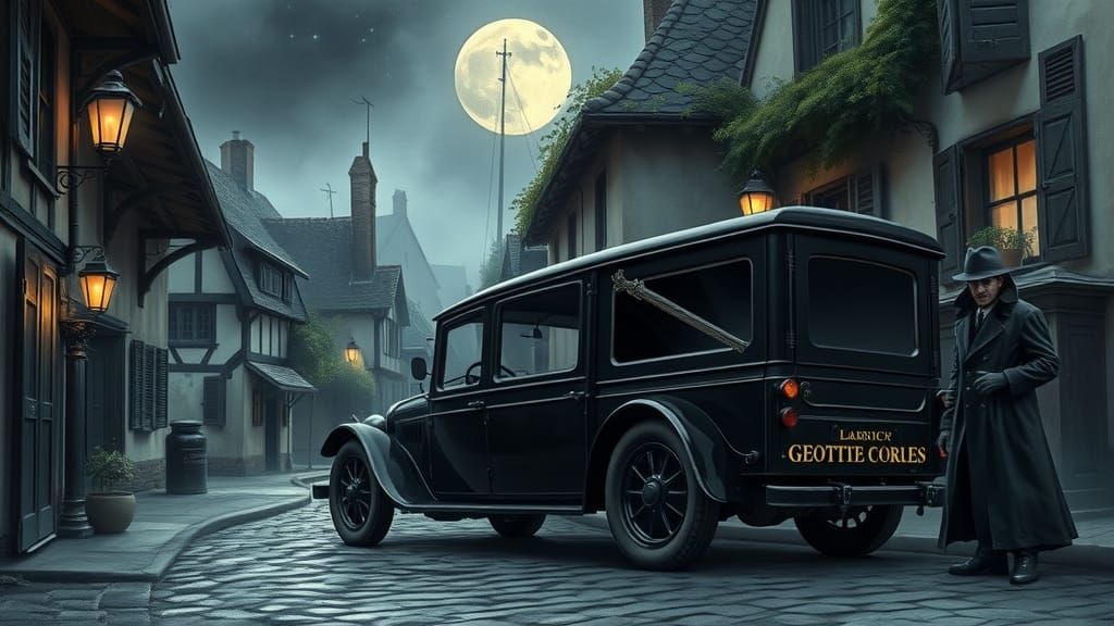 Victorian Hearse in Moonlit Ancient District