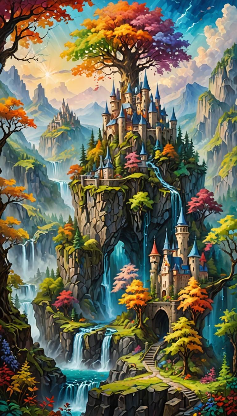 magical fae wild forest city surrounded by cliffs and waterf...