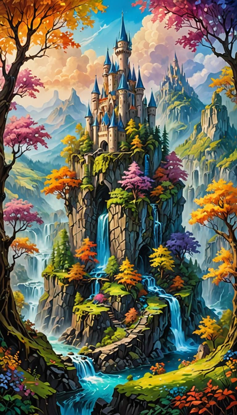 magical fae wild forest city surrounded by cliffs and waterf...