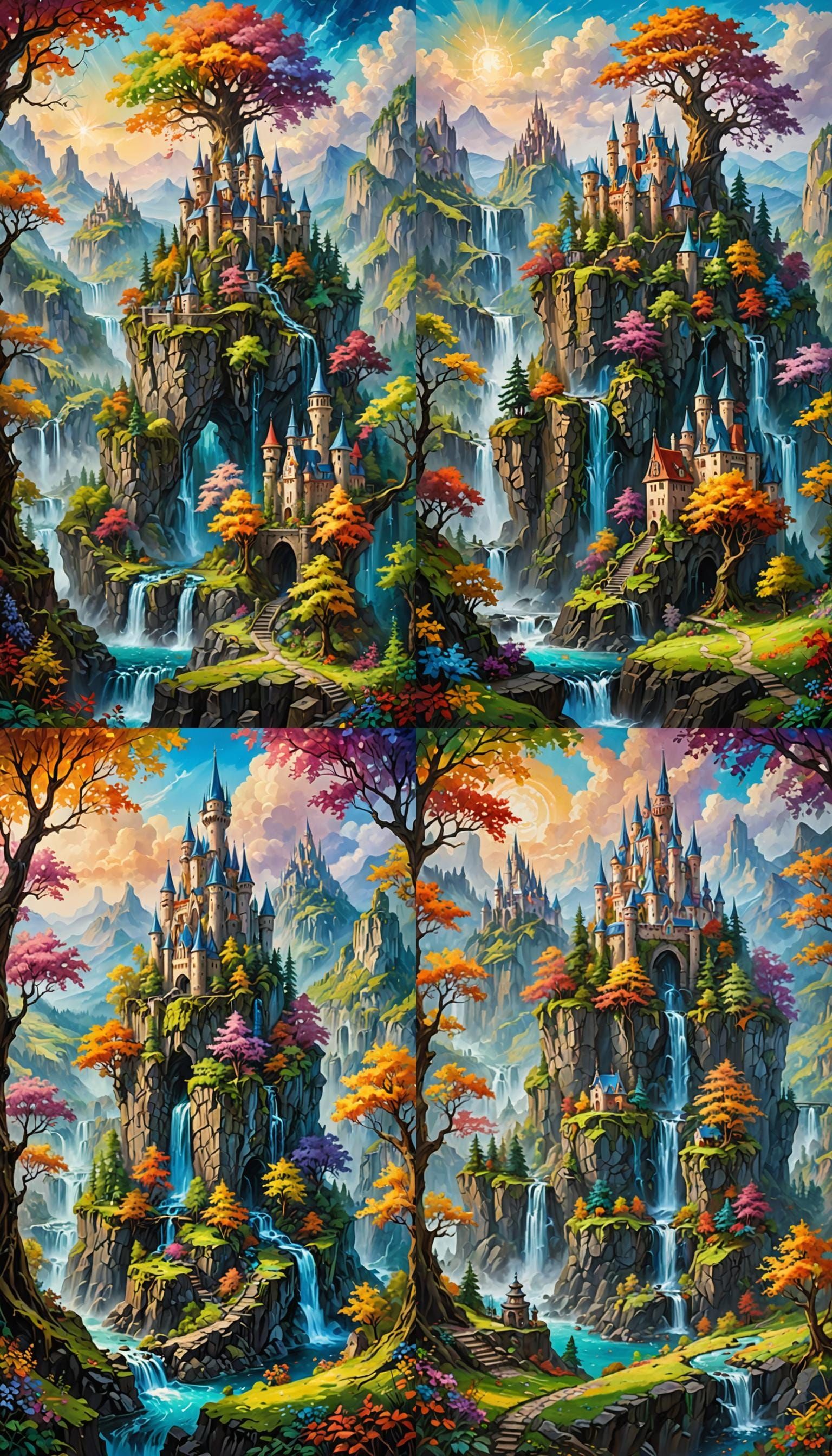 magical fae wild forest city surrounded by cliffs and waterf...
