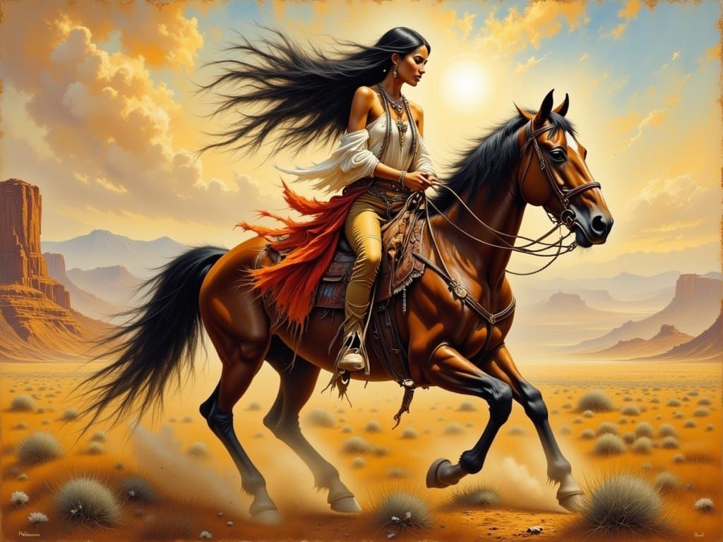 Indigenous Woman Rides Horse in Surreal Western Landscape