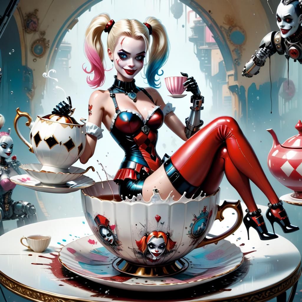 Mechanical Harley Quinn Barbie in Teacup, 3D Splash Art