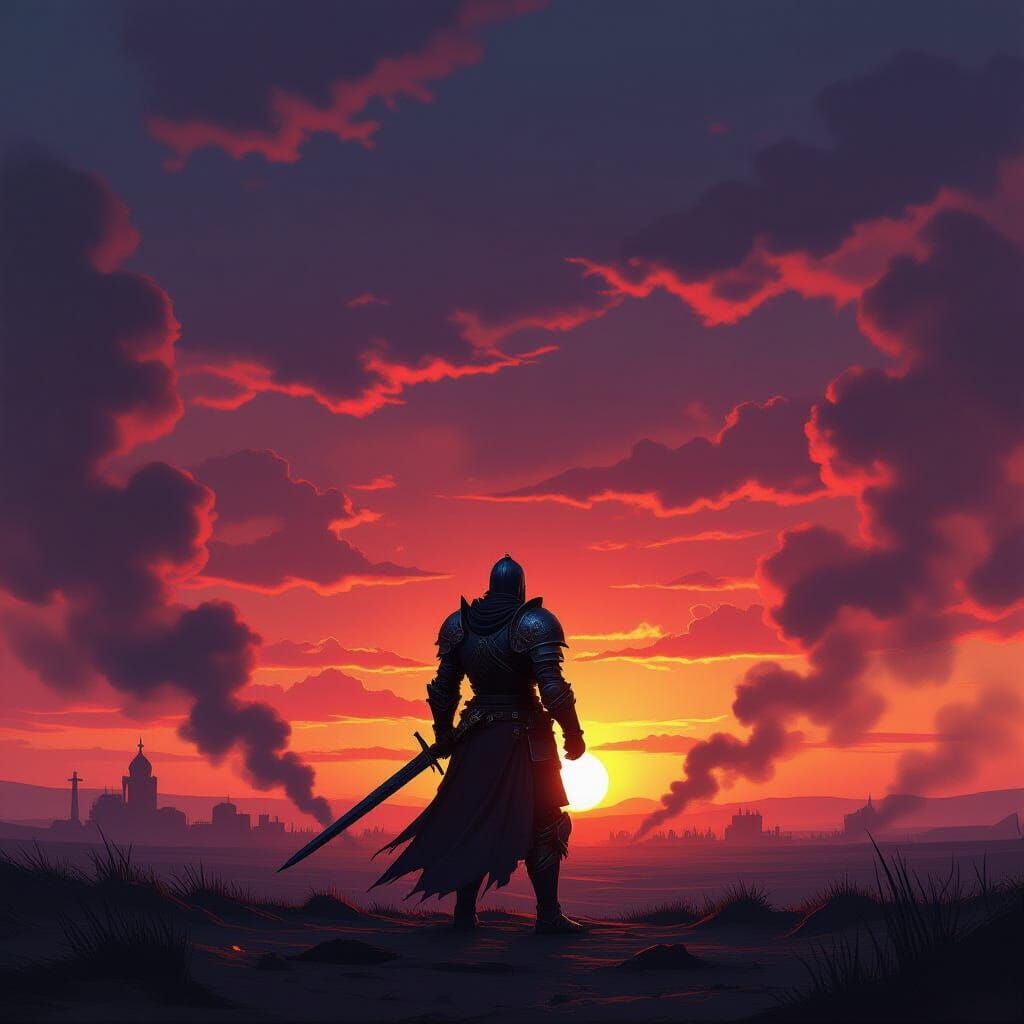 Knight in Ornate Armor at Fiery Sunset Battlefield