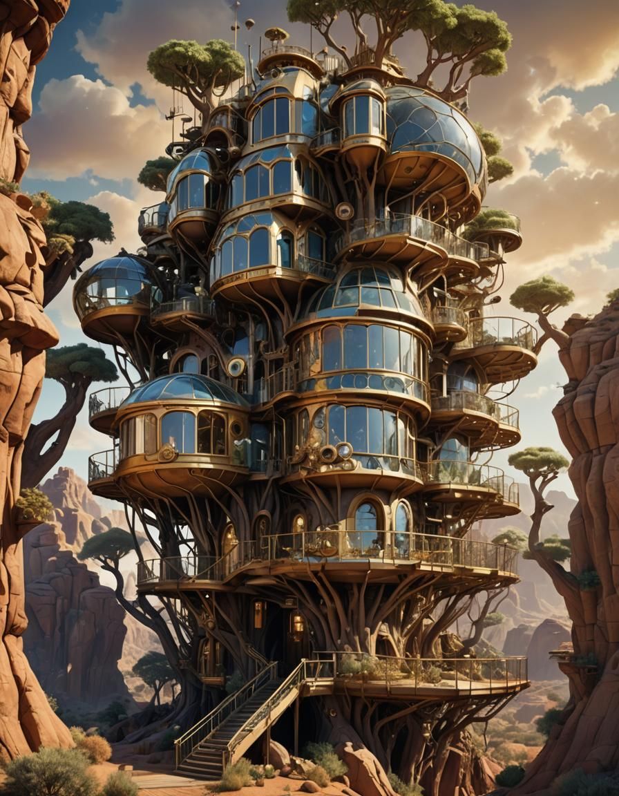 Steampunk Biomorphic Treehouse in Crystal Desert