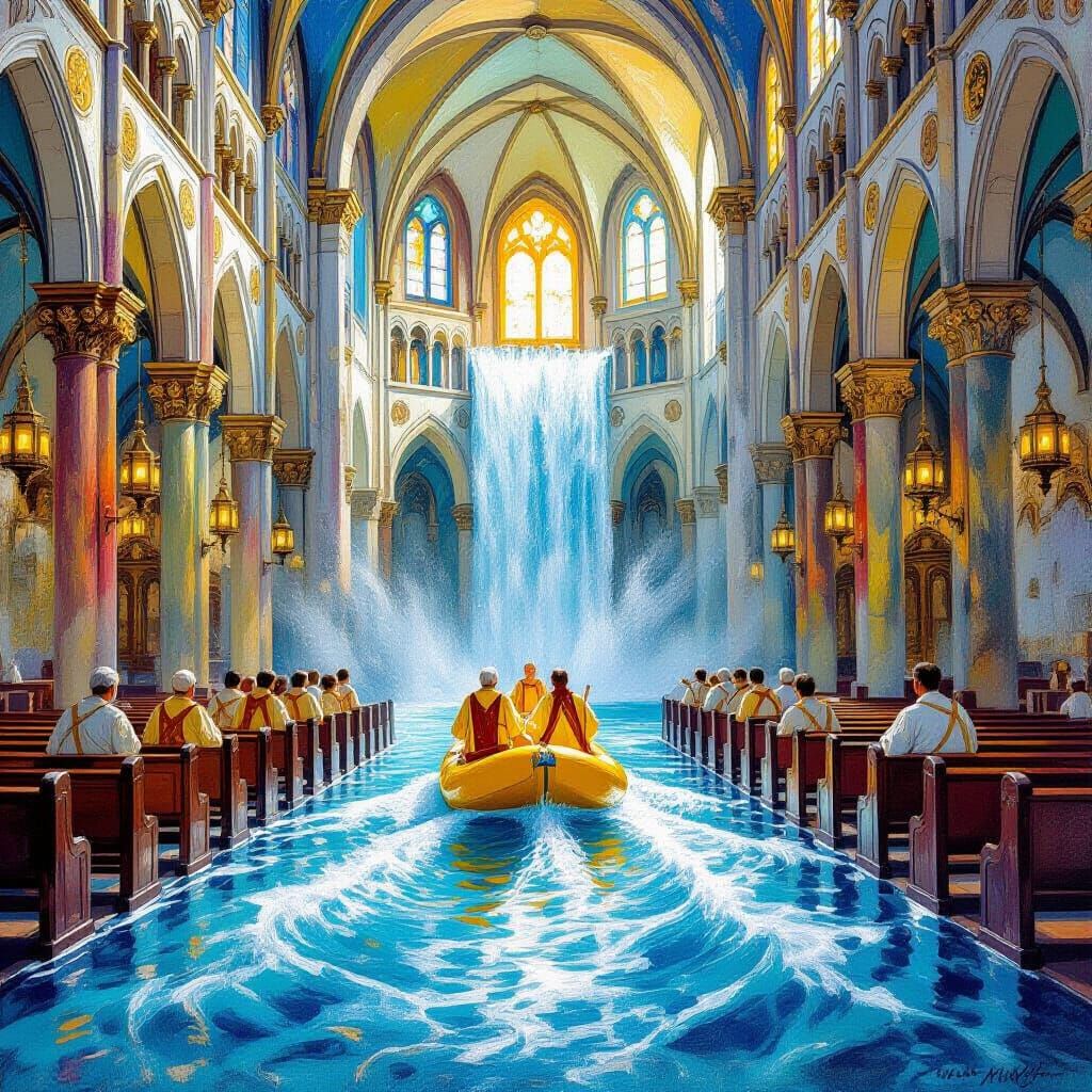 Cathedral Waterfall Scene in Dreamy Artistic Style