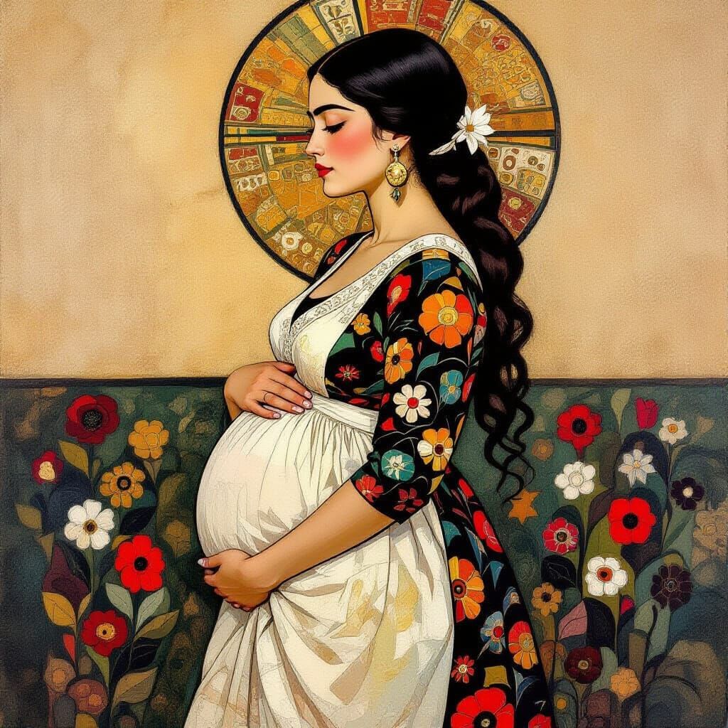 Pregnant Blonde Woman in Klimt-Inspired Portrait