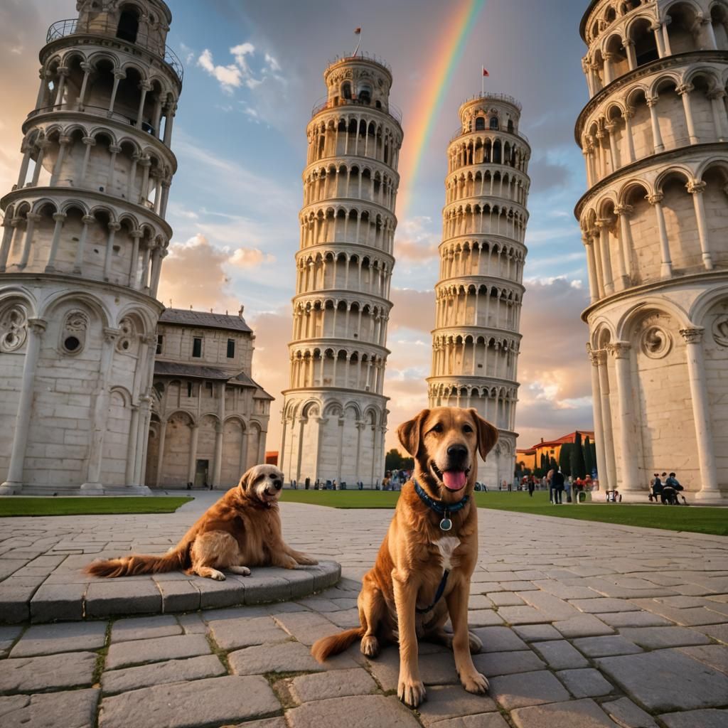 Leaning Tower of Pisa with Rainbow and Dog
