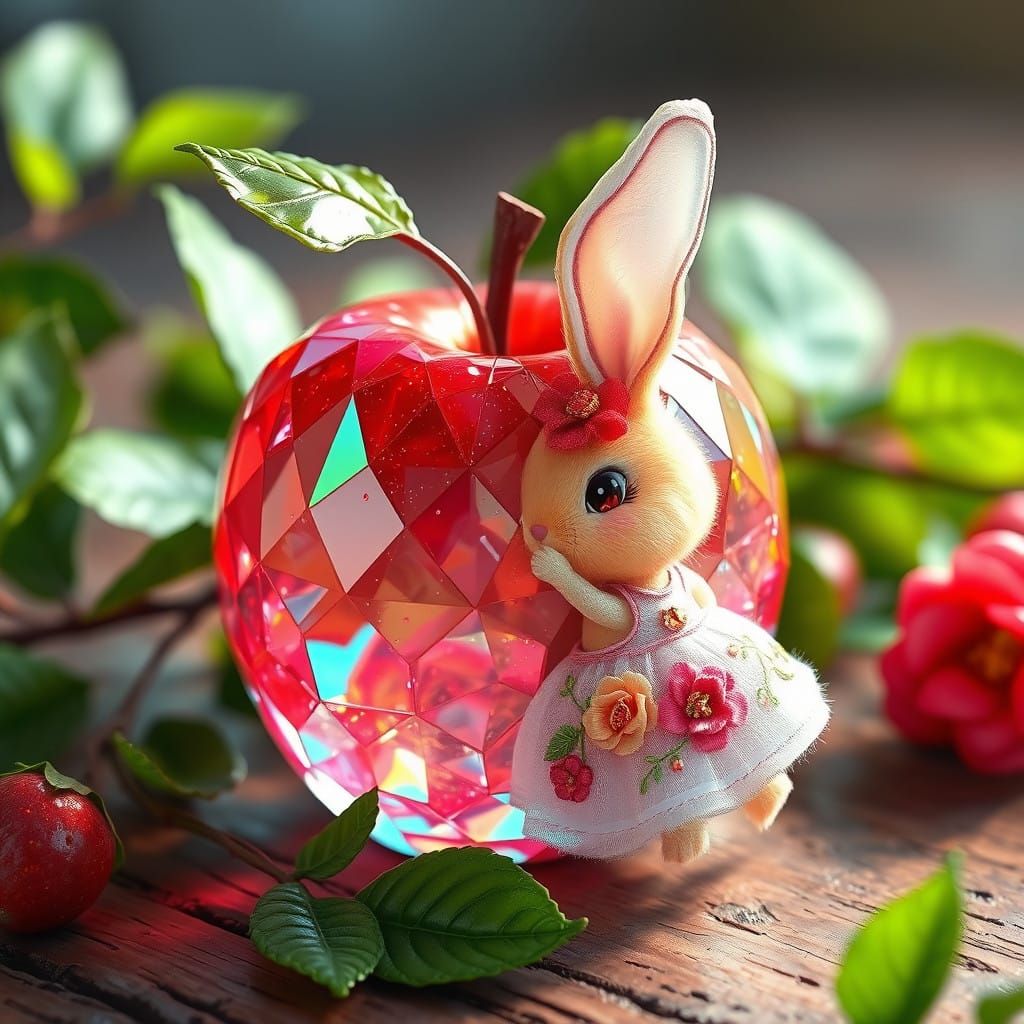 Whimsical Crystal Apple with Bunny in Dreamlike Setting