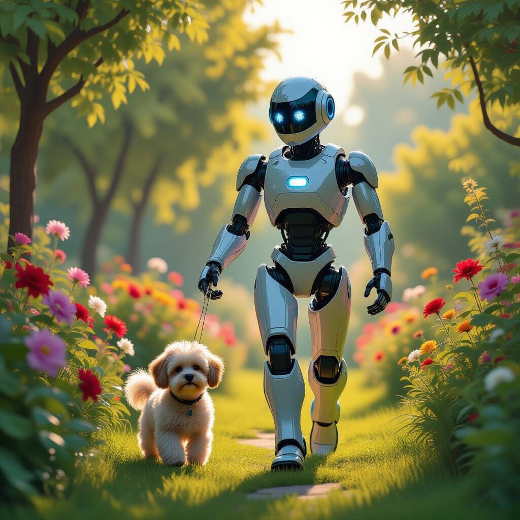 Chrome Robot Walks Dog in Vibrant Garden