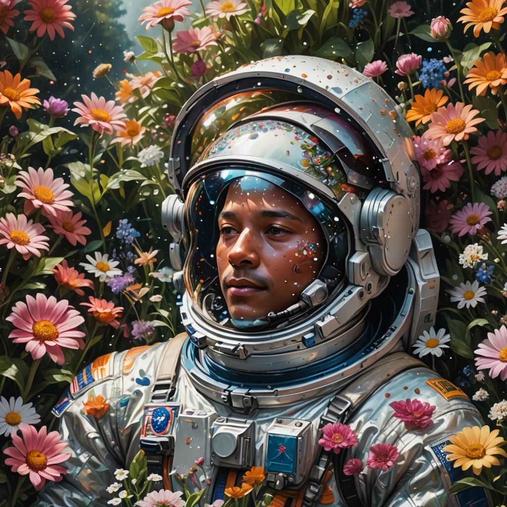 Astronaut in Flower Garden Reflecting the Universe