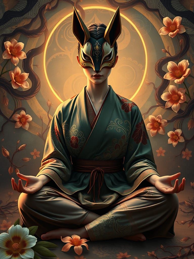 Ethereal Woman in Lotus Pose with Kitsune Mask